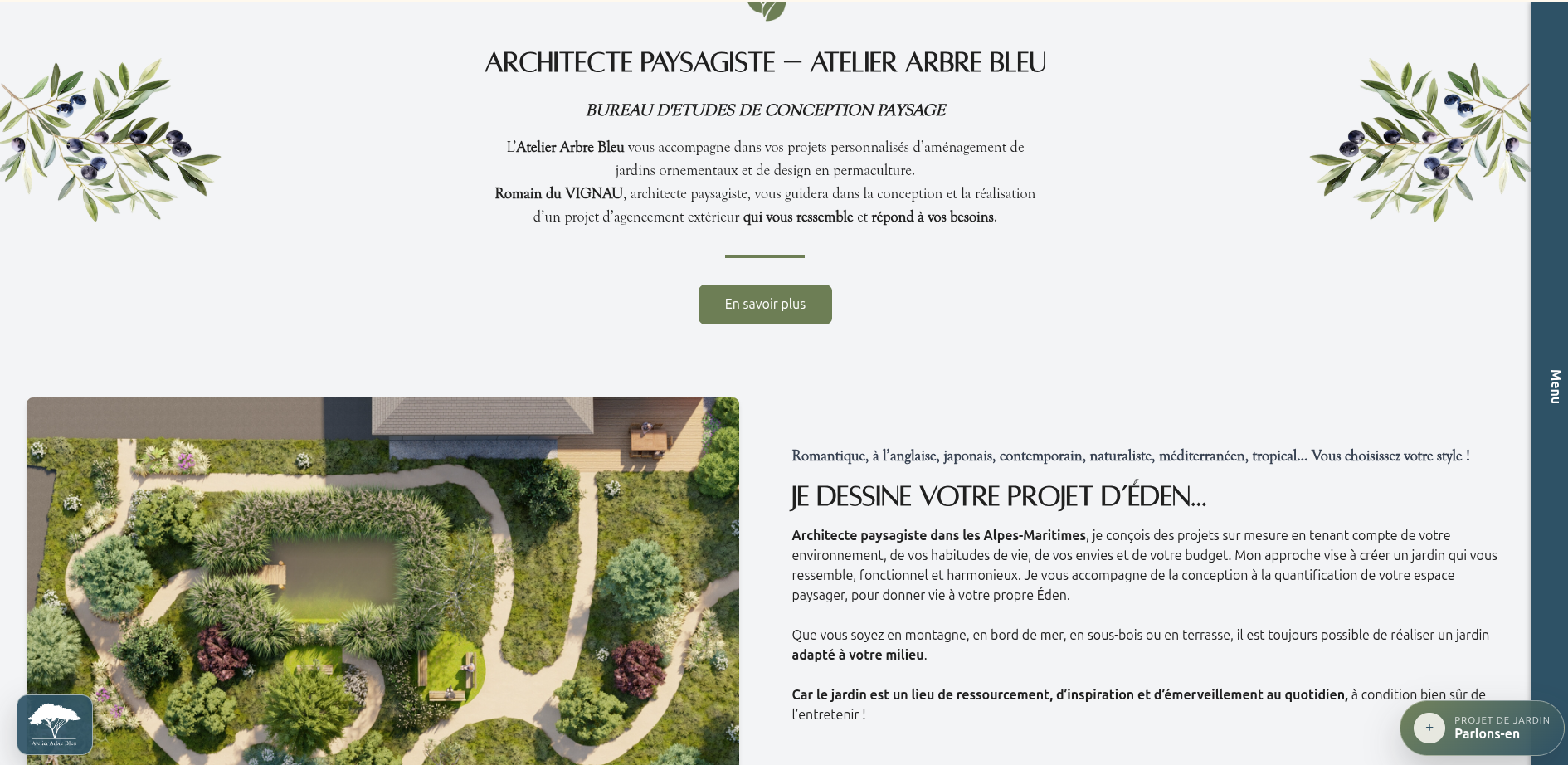 Capture d'écran de la refonte du site Atelier Arbre Bleu architecte paysagiste